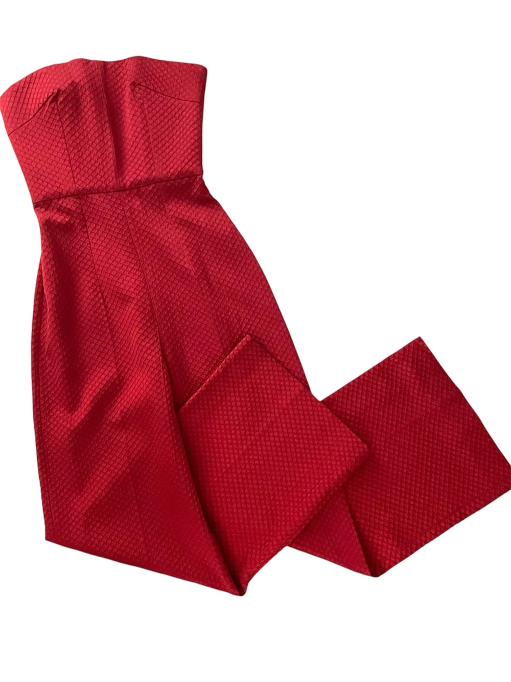 Emilia Wickstead Red Matelassé Strapless Wide Leg Jumpsuit, Silk Diamond Cloque